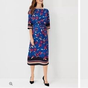 Ann Taylor Petite Border Floral Belted MIDI Dress Size SP Blue/Red